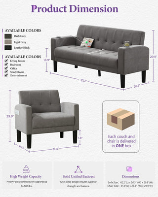Sofa Couch, Living Room Furniture Sectional Sofa Sets 2 Pic, Tufted Mid-Century Loveseat w/USB, Cupholders & Comfy Single Sofa for Small Space, Apartment, Office (Light Grey)