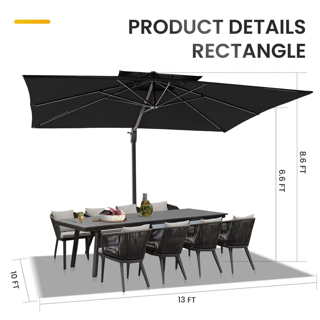10 X 13 FT Cantilever Patio Umbrella with Base Included Outdoor Heavy Duty Double Top Windproof Rectangle Offset Umbrellas with 360-degree Rotation for Pool Deck Backyard, Black