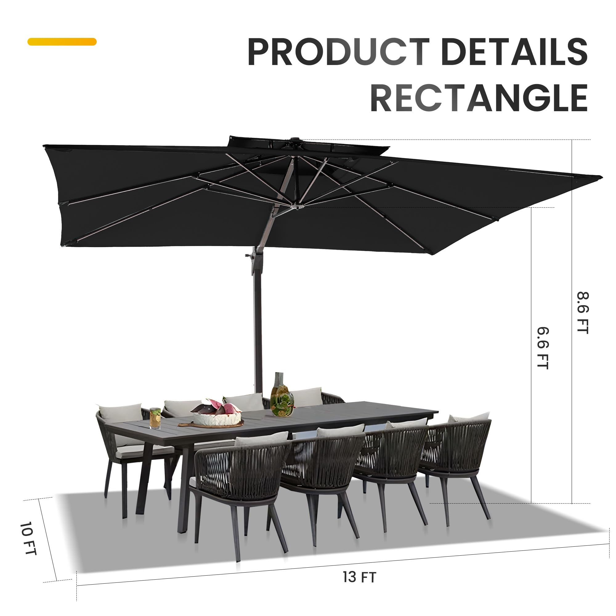 10 X 13 FT Patio Umbrella Heavy Duty Double Top Windproof Rectangle Cantilever Outdoor Umbrellas with 360-degree Rotation for Pool Deck Backyard, Black