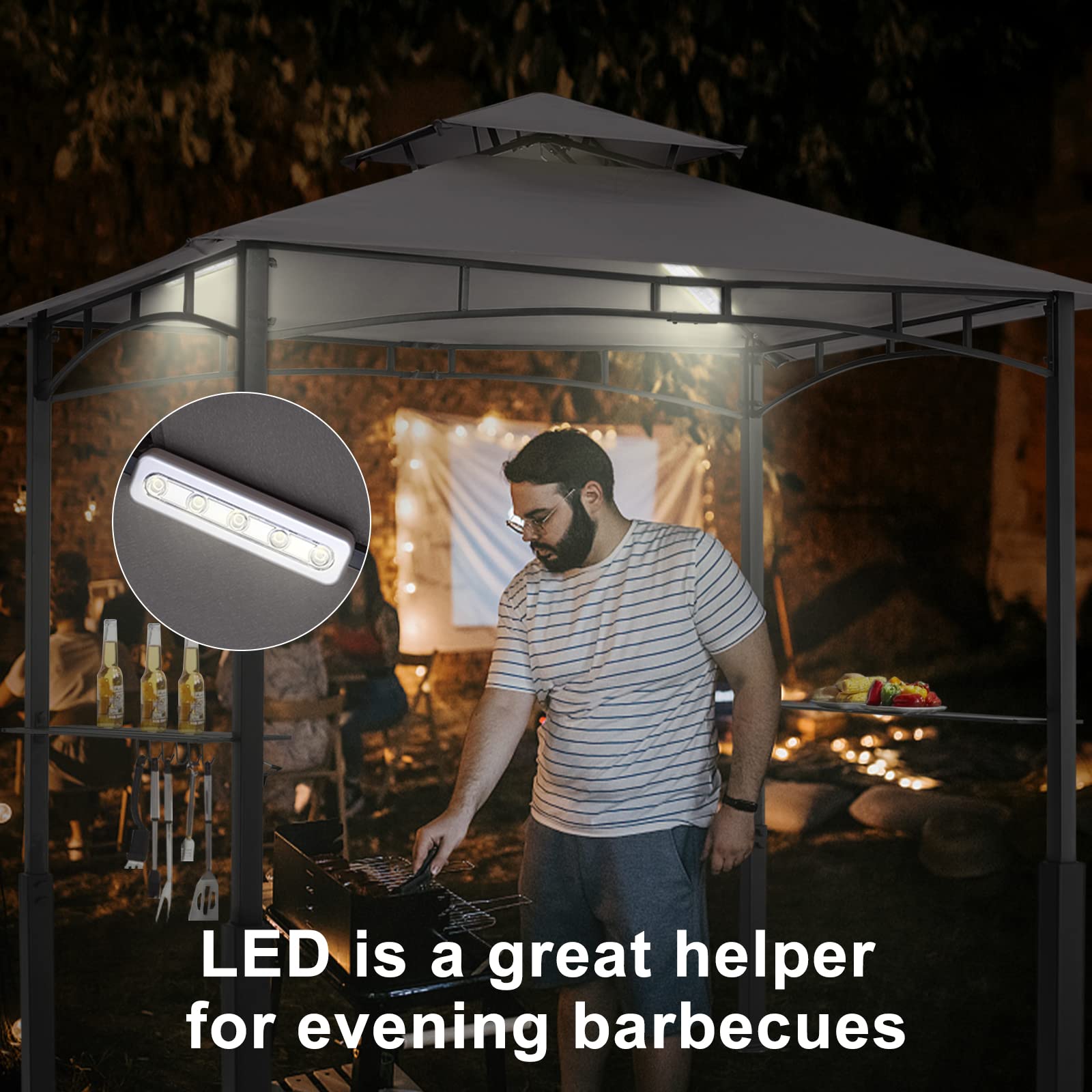 8x5 Grill Gazebo - Outdoor BBQ Canopy Shelter with Led Light for Patio Backyard Grilling (Dark Gray)