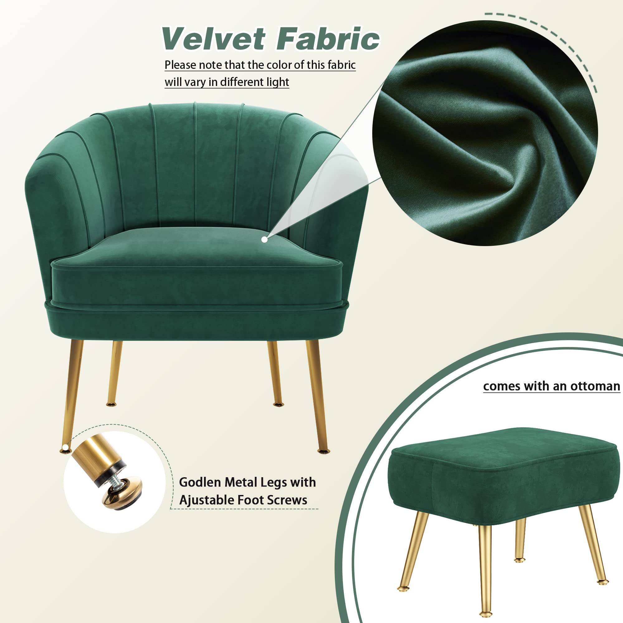 Velvet Accent Chair with Ottoman, Upholstered Modern Single Sofa Side Chair,Comfy Barrel Club Living Room Armchair with Golden Metal Legs for Bedroom Living Reading Room Office, Green