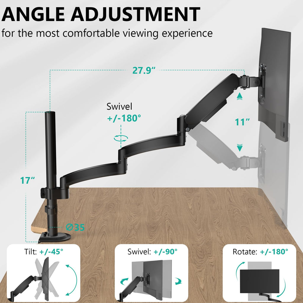 Single Long Monitor Arm - Computer Monitor Arm Desk Mount for 13-32 inch, Hold up to 19.8lbs, Extra Long Adjustable Stand, Full Motion Tall Arm, VESA 75/100mm, (GSDM001L)