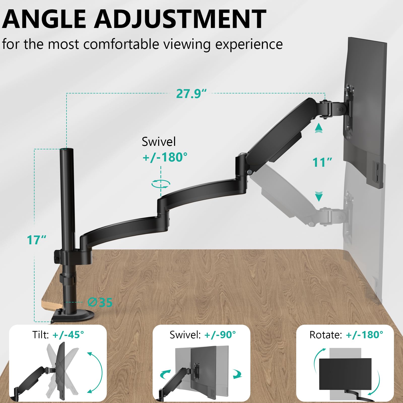 Single Long Monitor Arm - Computer Monitor Arm Desk Mount for 13-32 inch, Hold up to 19.8lbs, Extra Long Adjustable Stand, Full Motion Tall Arm, VESA 75/100mm, (GSDM001L)
