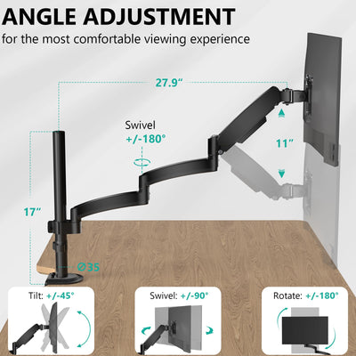 Single Long Monitor Arm - Computer Monitor Arm Desk Mount for 13-32 inch, Hold up to 19.8lbs, Extra Long Adjustable Stand, Full Motion Tall Arm, VESA 75/100mm, (GSDM001L)