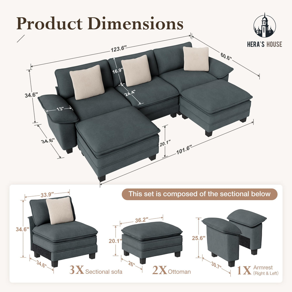 124" Modular Sectional Sofa, Oversized U Shaped Couches for Living Room, Comfy Cloud Couch with Ottoman, 5-Seater Deep Seat Sofa with Throw Pillow, Chenille Blue