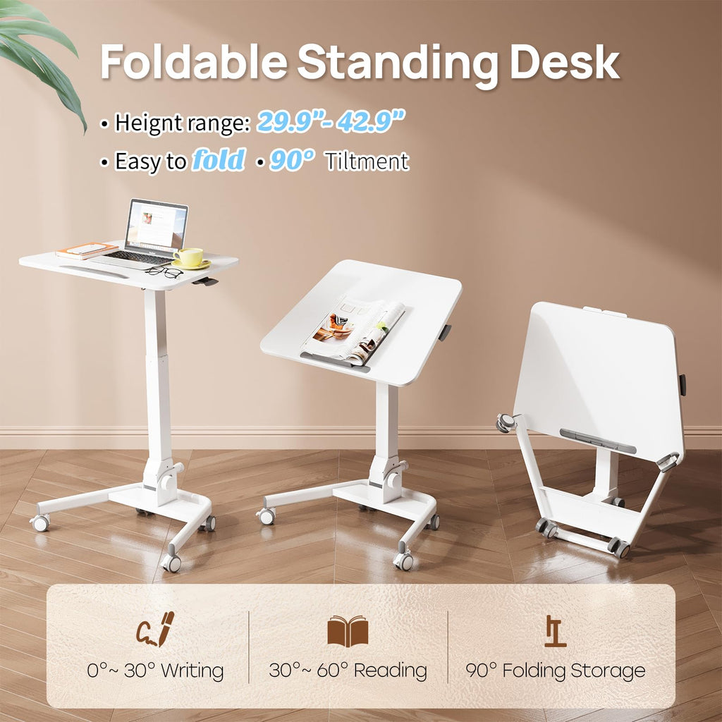 Foldable Mobile Standing Desk, 90 Tiltable Rolling Standing Desk, Height Adjustable Portable Laptop Workstation for Home Office, Easy to Fold, White