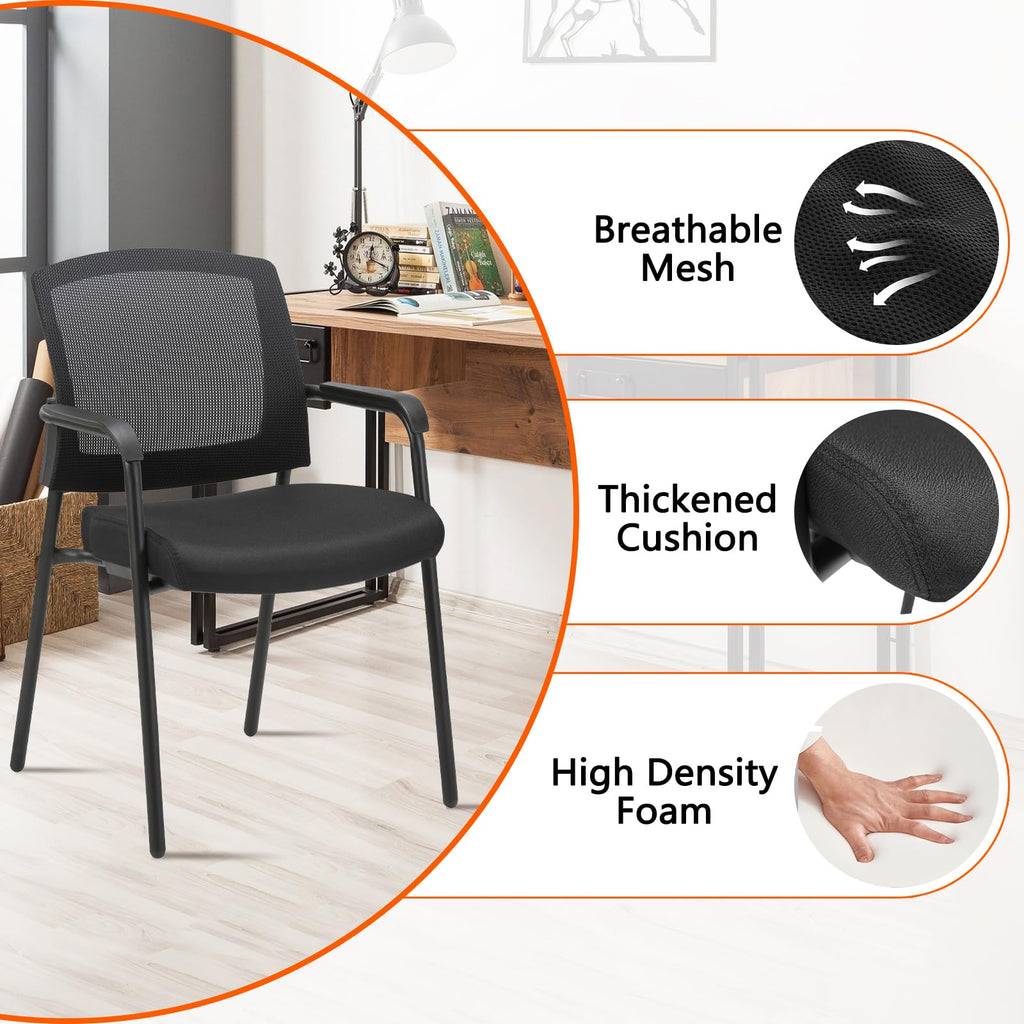Office Reception Guest Chair Mesh Back Stacking with Ergonomic Lumbar Support and Thickened Seat Cushion for Waiting Conference Room Black 2 Pack