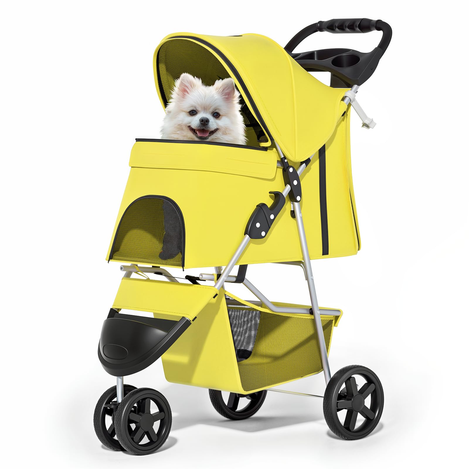 Foldable Pet Stroller with Waterproof Cover, 3-Wheels Dog Strolling Cart for Small/Medium Dogs and Cats with Storage Basket and Cup Holder, Breathable and Visible Mesh for All-Season, Yellow