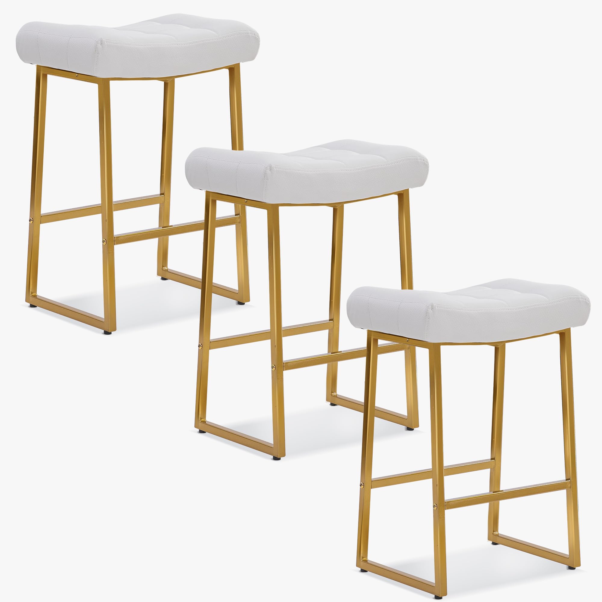 White & Gold Counter Height Bar Stools Set of 3 for Kitchen Counter Backless Kitchen Island Barstools with Upholstered Faux Leather Seat and Gold Base Modern 24 inch Bar Chairs No Back