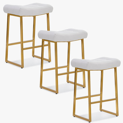 White & Gold Counter Height Bar Stools Set of 3 for Kitchen Counter Backless Kitchen Island Barstools with Upholstered Faux Leather Seat and Gold Base Modern 24 inch Bar Chairs No Back