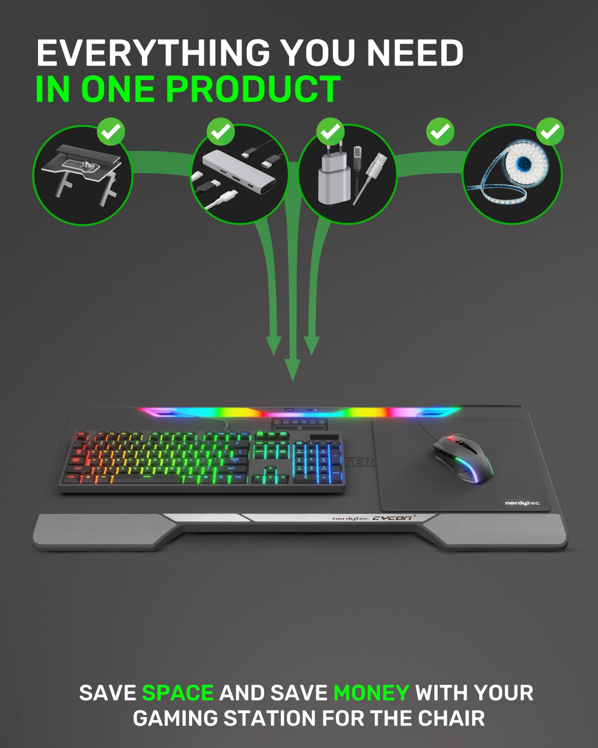 Lapboard³ with HORIZONLIGHT RGB Bar, Ultimate Ergonomic USB-Hub Gaming Lap Board for Couch and Bed, Large, Stable and Compatible with All Keyboards and Mice, Laptops, PCs, PS4/5, Xbox