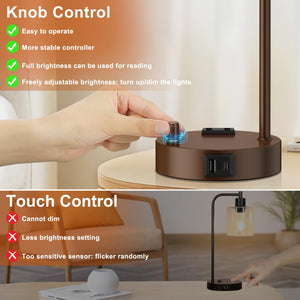 Industrial Table Lamps for Bedrooms Set of 2 - Fully Dimmable Bedside Lamps with USB Ports and Outlet, Brown Nightstand Lamps with Glass Shade for Living Room, Desk Lamps for Office Reading