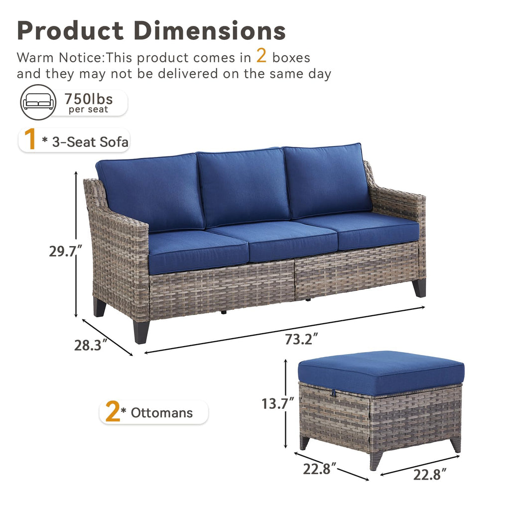 Buenhomino 3 Pieces Patio Furniture Sofa Set-Outdoor Wicker Patio Furniture Covered Couch with Multifunctional Ottoman and All-Weather Patio Conversation Set for Backyard Porch Garden Grey/Blue