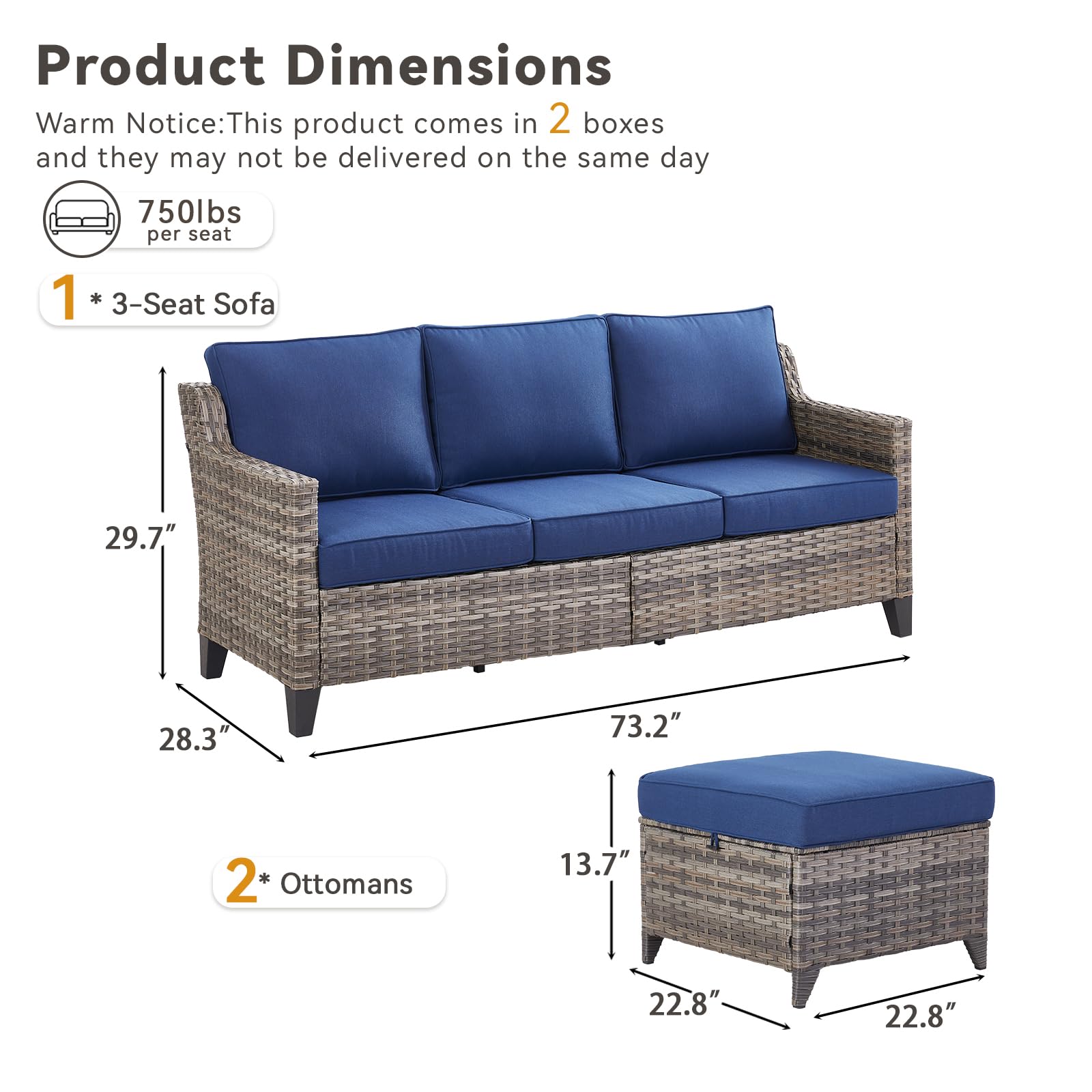 Buenhomino 3 Pieces Patio Furniture Sofa Set-Outdoor Wicker Patio Furniture Covered Couch with Multifunctional Ottoman and All-Weather Patio Conversation Set for Backyard Porch Garden Grey/Blue