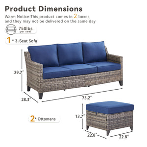 Buenhomino 3 Pieces Patio Furniture Sofa Set-Outdoor Wicker Patio Furniture Covered Couch with Multifunctional Ottoman and All-Weather Patio Conversation Set for Backyard Porch Garden Grey/Blue
