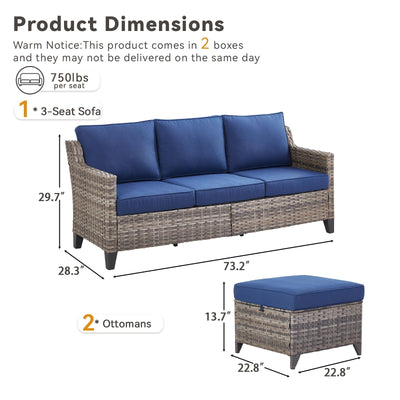 Buenhomino 3 Pieces Patio Furniture Sofa Set-Outdoor Wicker Patio Furniture Covered Couch with Multifunctional Ottoman and All-Weather Patio Conversation Set for Backyard Porch Garden Grey/Blue