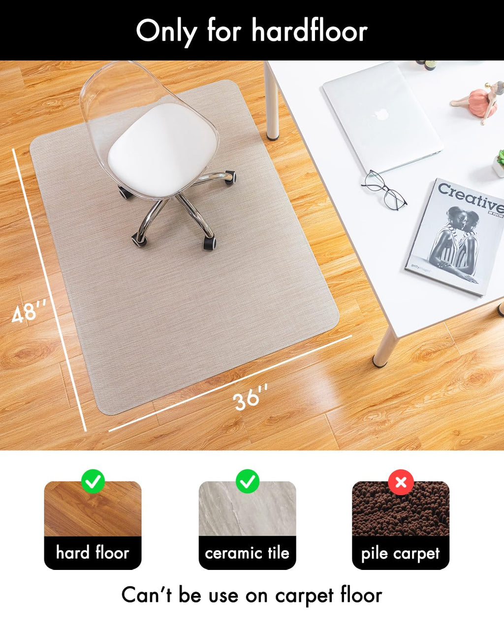 Office Chair Mat for Hardwood Floor Under Desk Computer Rolling Chair Mat for Wood/Tile Floor Non-Slip Heavy Duty Desk Rug PVC Plastic Hard Floor Protector 36" x 48" (Parchment)