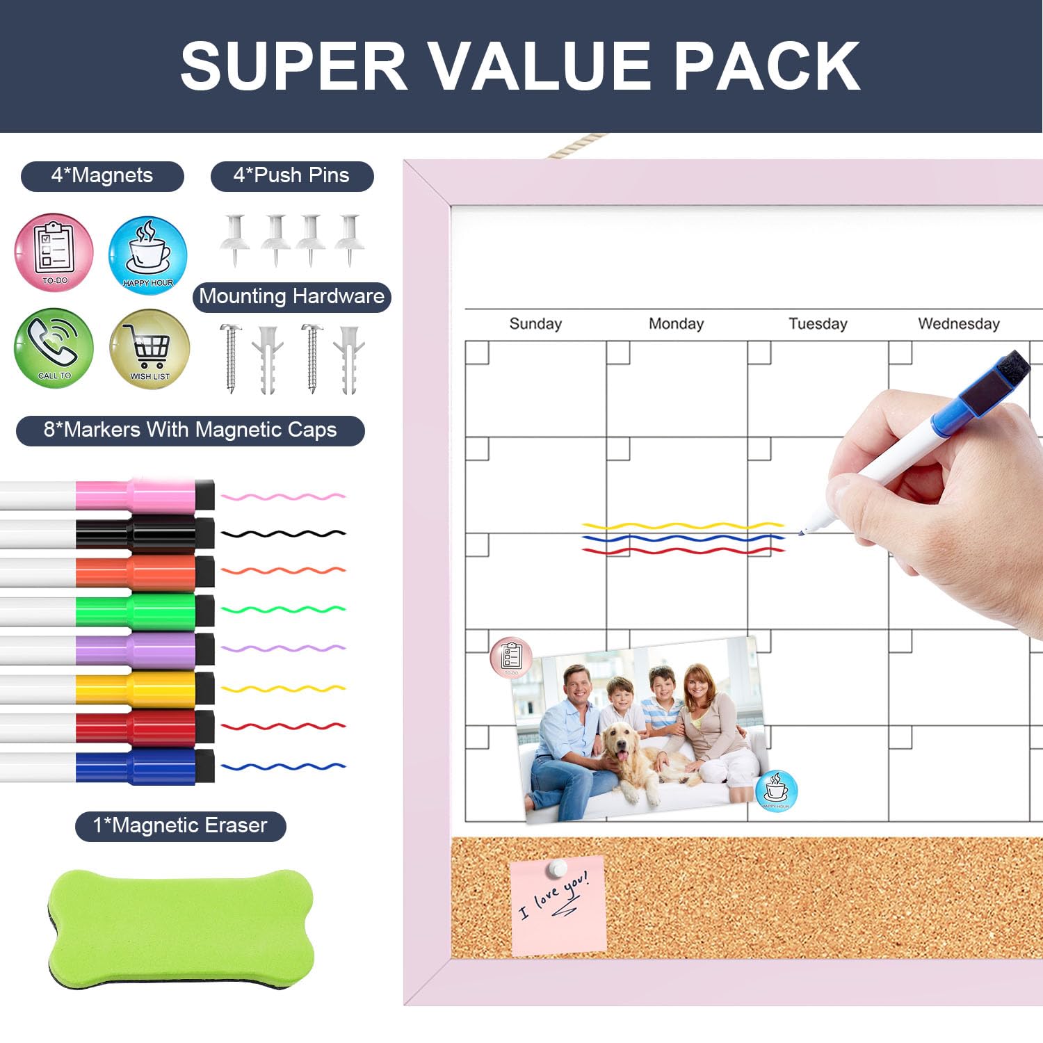 Dry Erase Calendar Cork Board Combo, 17x13 Inches Calendar Whiteboard for Wall, Small Magnetic White Board with Pink Wood Framed, Dry Erase Board for Planner Office Kitchen Home Memo