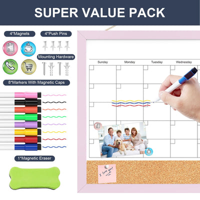 Dry Erase Calendar Cork Board Combo, 17x13 Inches Calendar Whiteboard for Wall, Small Magnetic White Board with Pink Wood Framed, Dry Erase Board for Planner Office Kitchen Home Memo
