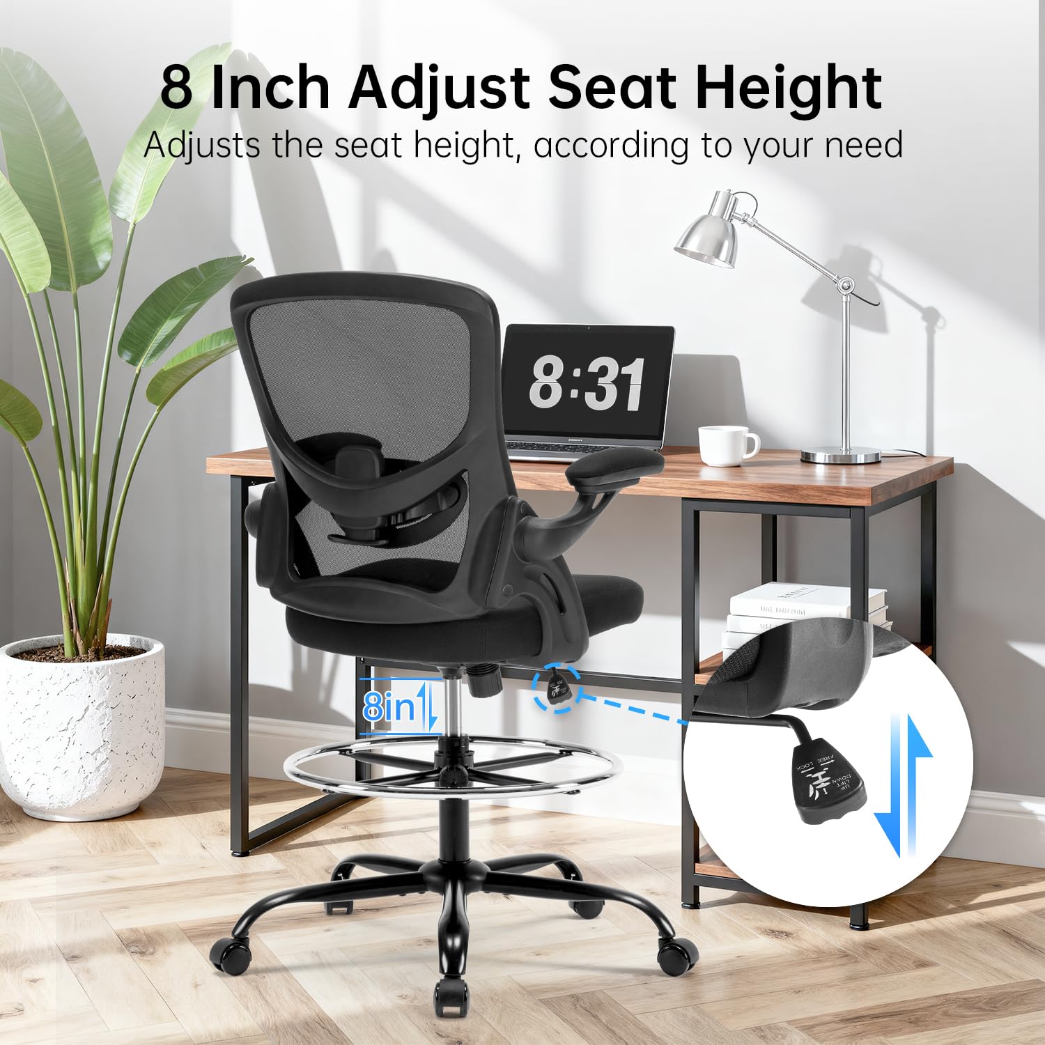 Drafting Chair Ergonomic Computer Standing Desk Chair with Flip-Up Arms and Lumbar Support, Tall Office Chair with Adjustable Footrest, Stool Counter Height Office Chairs Black