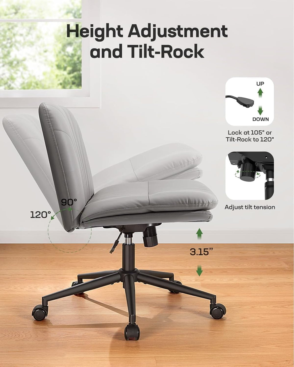 Criss Cross Office Chair with Wheels, Armless Wide Desk Chair for Active Sitting, PU Leather Cross Legged Chair for Home Office, Pet-Friendly & Easy Clean, Grey