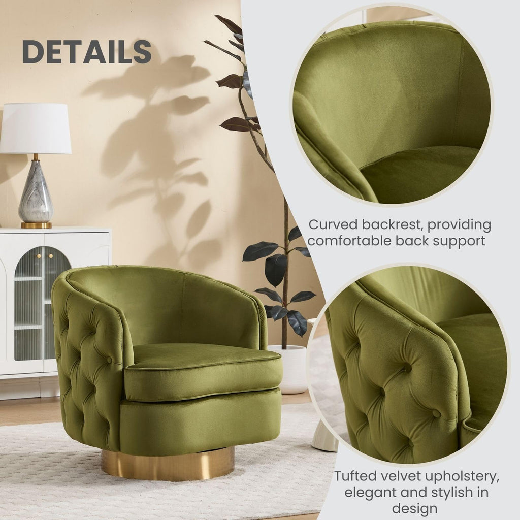360 Degree Swivel Barrel Accent Chair, Modern Tufted Velvet Upholstered Round Arm Chair with Tall Backrest, Side Reading Seat Single Sofa for Living Room, Green