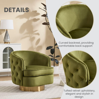 360 Degree Swivel Barrel Accent Chair Set of 2, Modern Tufted Velvet Upholstered Round Arm Chair with Tall Backrest, Side Reading Seat for Living Room, Green