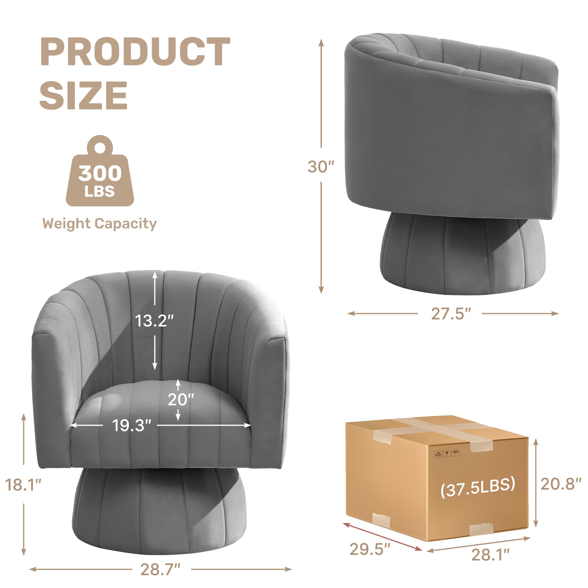 Swivel Accent Barrel Chair Set of 2, Cute Comfy Small Round 360° Arm Chair, Velvet Sofa Club Reading Chair for Living Room Bedroom Office Grey