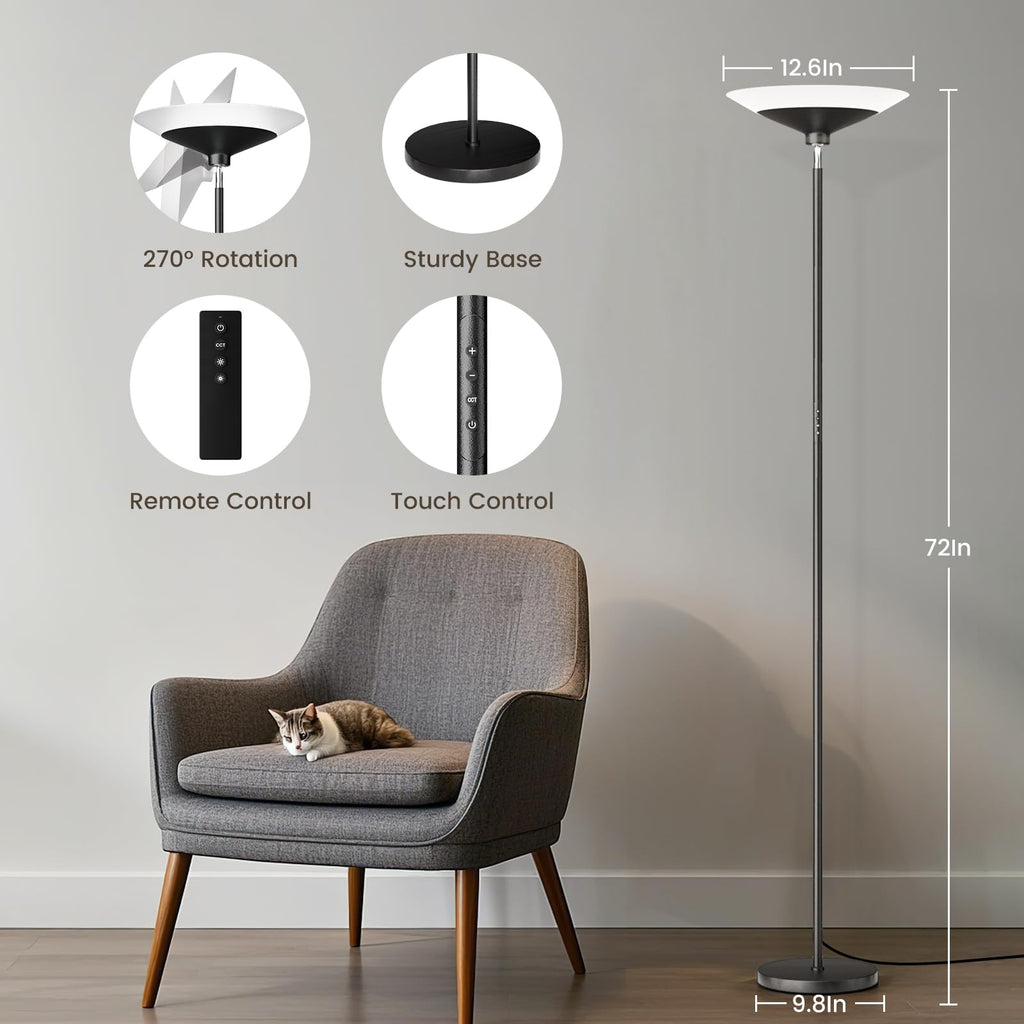 Torchiere Floor Lamp - 72" Tall LED Standing Lamp with Remote/Button Control, 1800Lm, 3000-6500K, 30W Dimmable Modern Corner Floor Light for Living Room Bedroom Office Apartment, Black