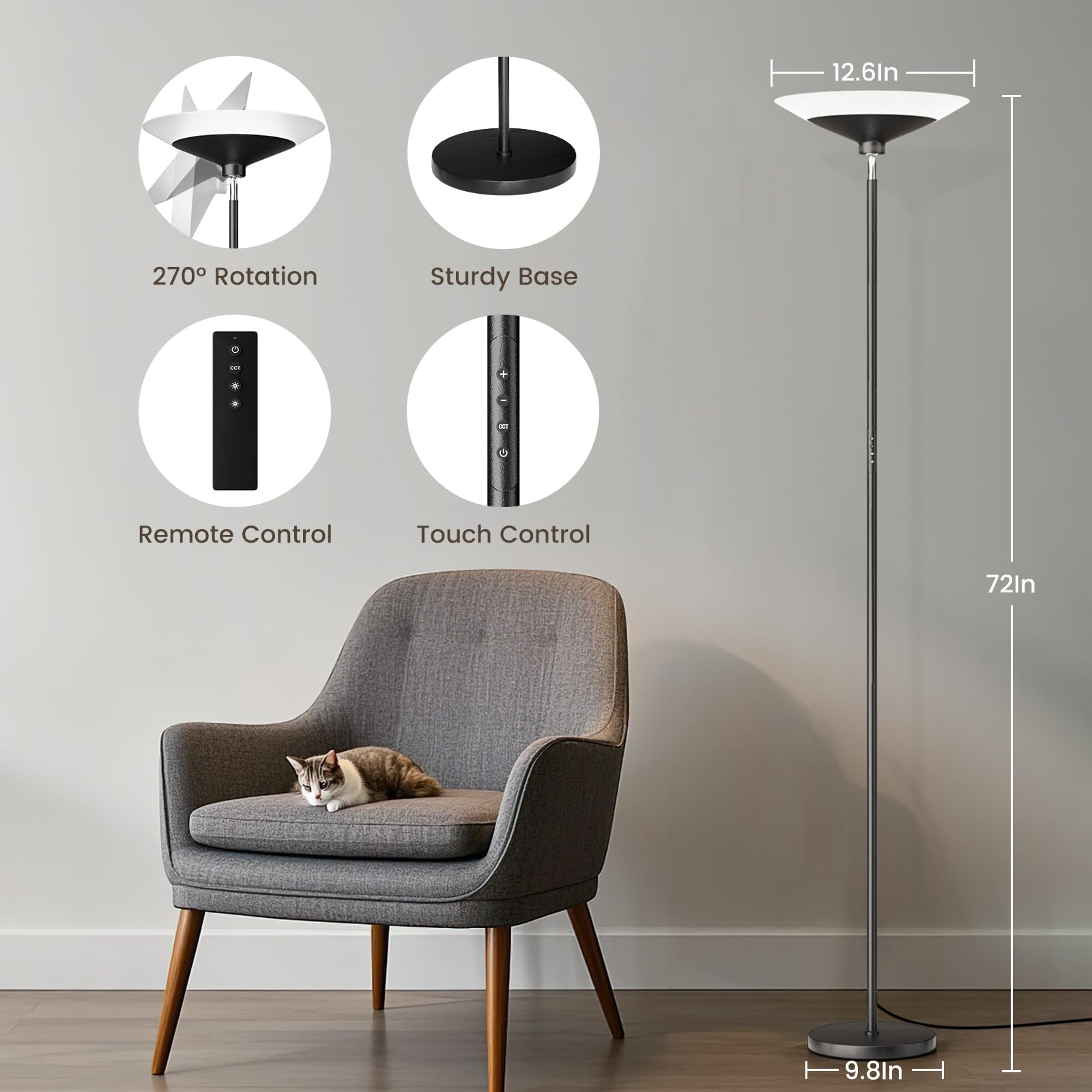 Torchiere Floor Lamp - 72" Tall LED Standing Lamp with Remote/Button Control, 1800Lm, 3000-6500K, 30W Dimmable Modern Corner Floor Light for Living Room Bedroom Office Apartment, Black