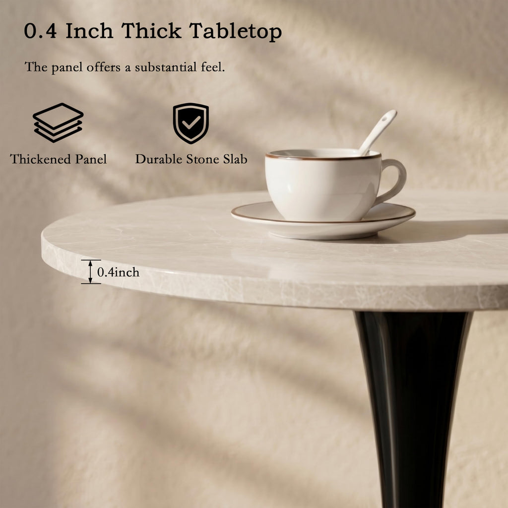 27.6" Marble Round Tulip Table, Mid-Century Modern Style Dining Table with Black Pedestal Base for 2-4 People, Featuring A Marble Tabletop for Kitchen, Dining Room, Cafe (Grayish White)