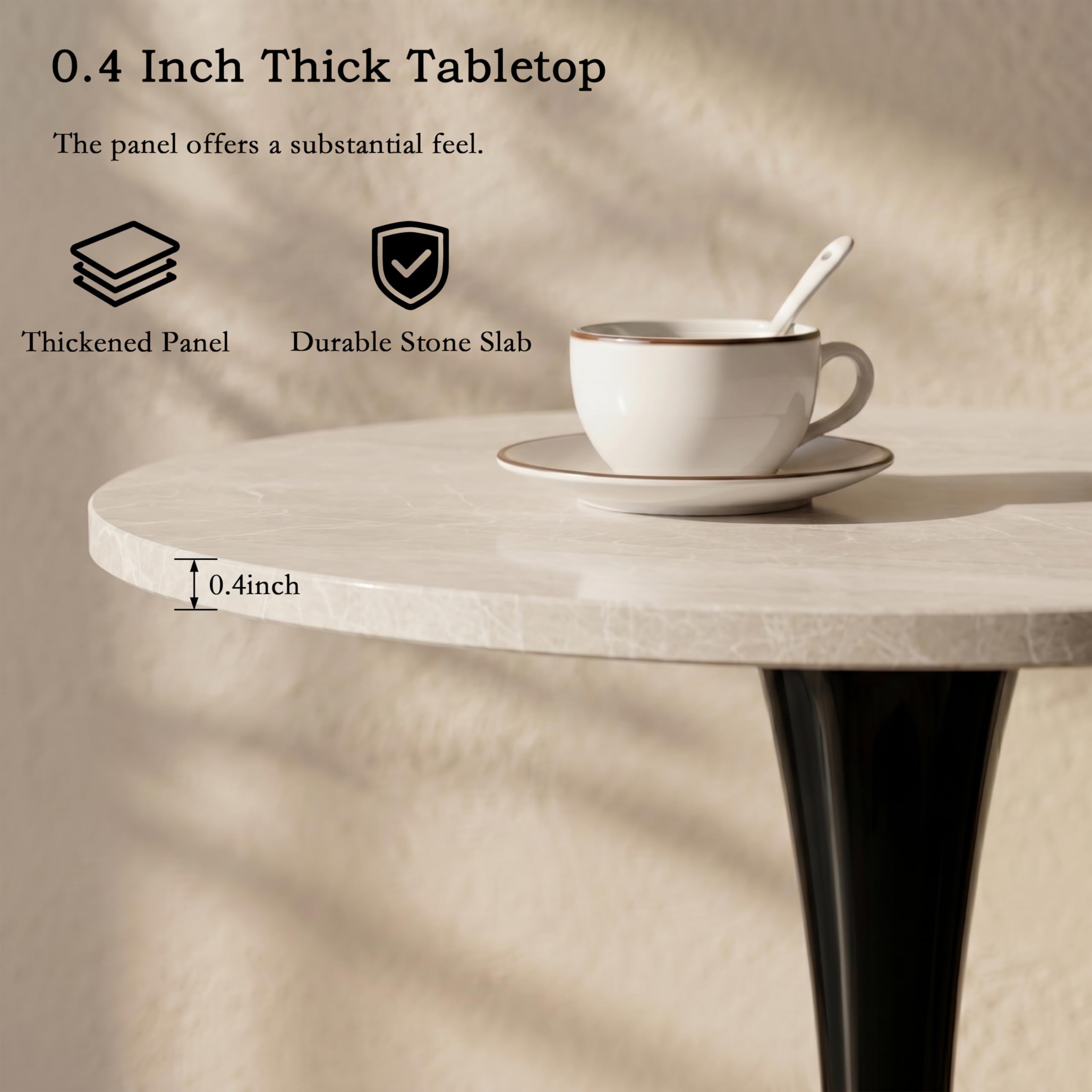27.6" Marble Round Tulip Table, Mid-Century Modern Style Dining Table with Black Pedestal Base for 2-4 People, Featuring A Marble Tabletop for Kitchen, Dining Room, Cafe (Grayish White)
