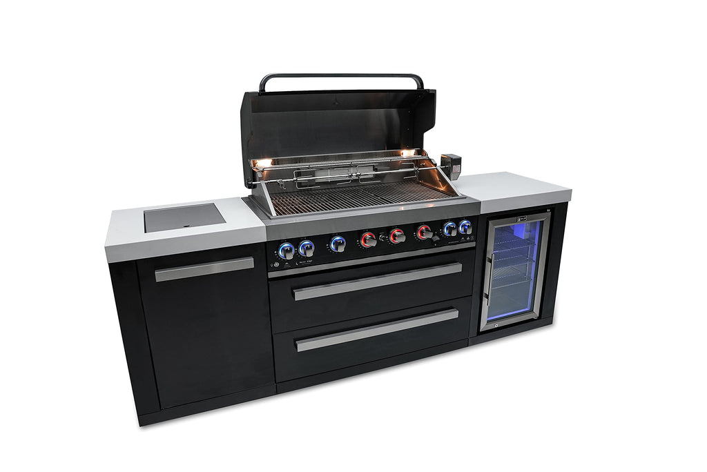 44-inch 6-Burner 115000 BTU Black Stainless Steel Gas Outdoor Kitchen Bar Island Grill w/Wine Cooler Beverage Center Refrigerator + Infrared Side Burner + Granite Countertop
