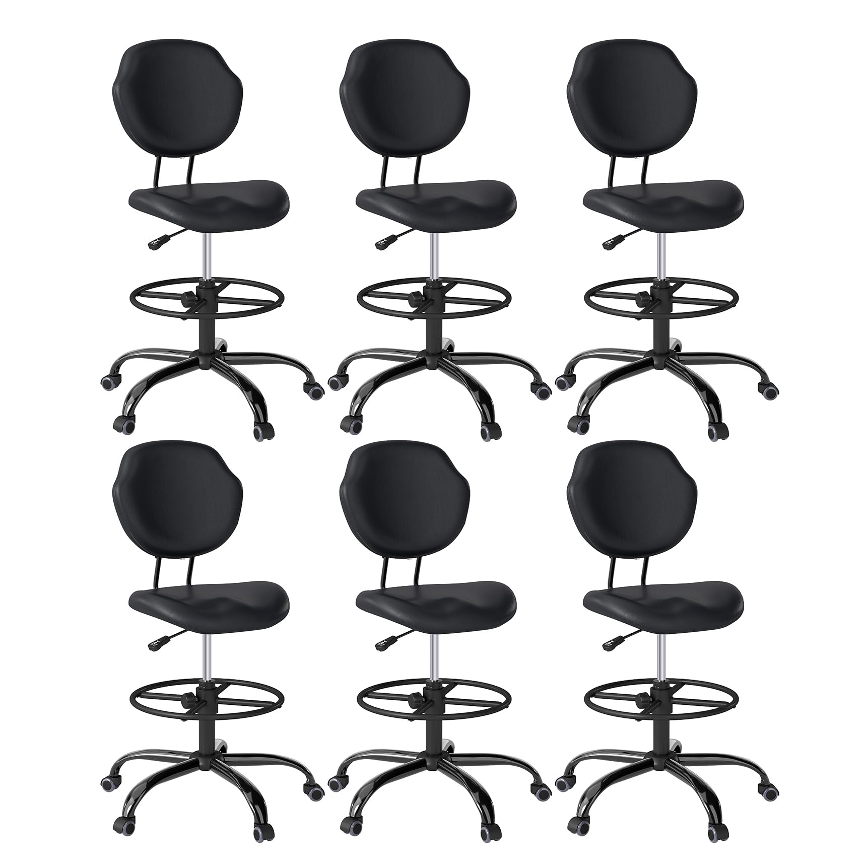 (Black, 6 Pack) Drafting Chair with Back Support, Tall/High Desk Rolling Stool, Faux Leather Office Chair with Height Adjustable for Standing Desk, Home Office, Bar, Workbench & Kitchen