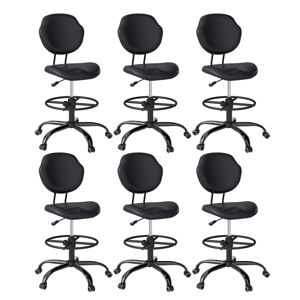 (Black, 6 Pack) Drafting Chair with Back Support, Tall/High Desk Rolling Stool, Faux Leather Office Chair with Height Adjustable for Standing Desk, Home Office, Bar, Workbench & Kitchen