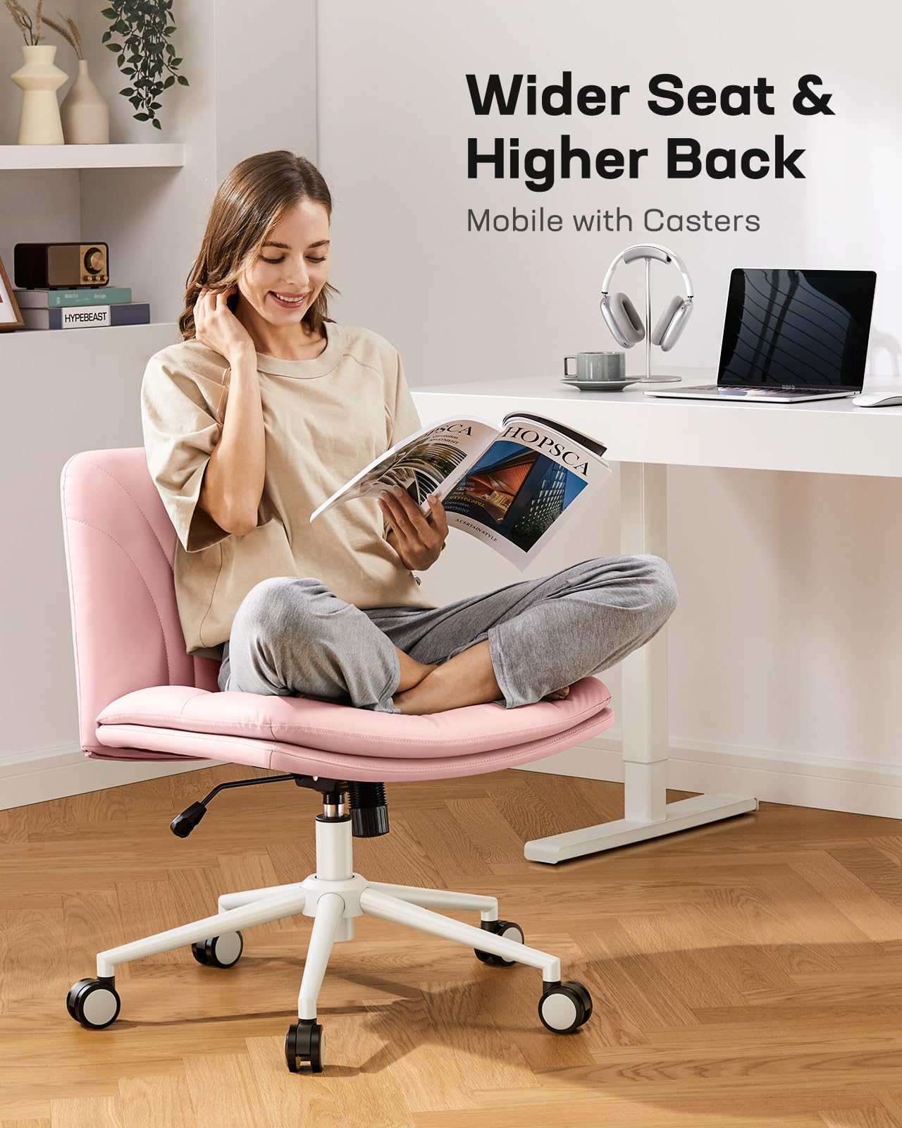 Armless-Office Desk Chair with Wheels: PU Leather Cross Legged Wide Chair,Comfortable Adjustable Swivel Computer Task Chairs for Home,Office,Make Up,Small Space,Bed Room, Pink