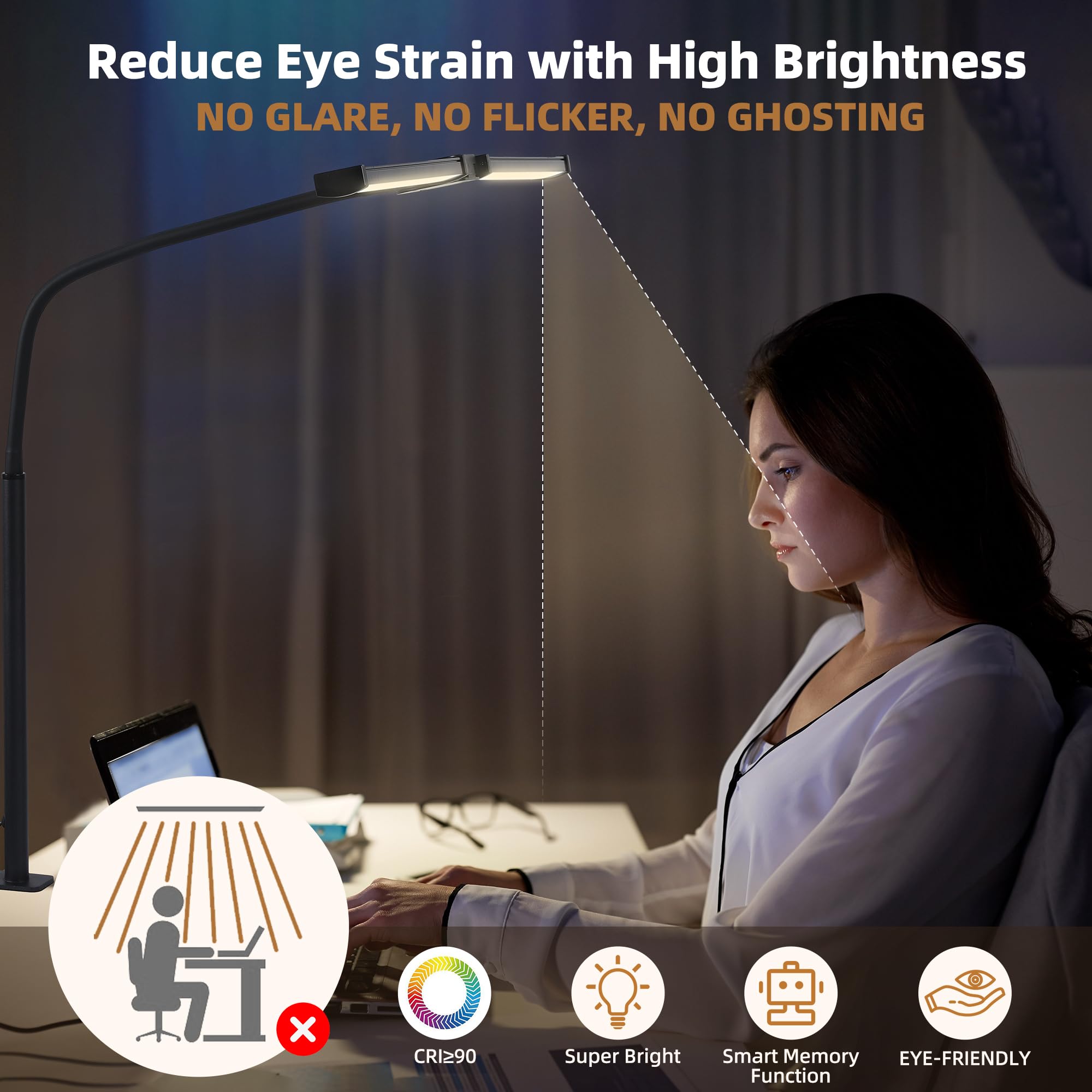 Led Desk Lamp for Home Office, Eye-Care Architect Light with Clamp, Smart Double Head Computer Monitor Table Clip Lamp, Adjustable Flexible Goose-Neck, 25 Lighting Models, Task Lamp, Black