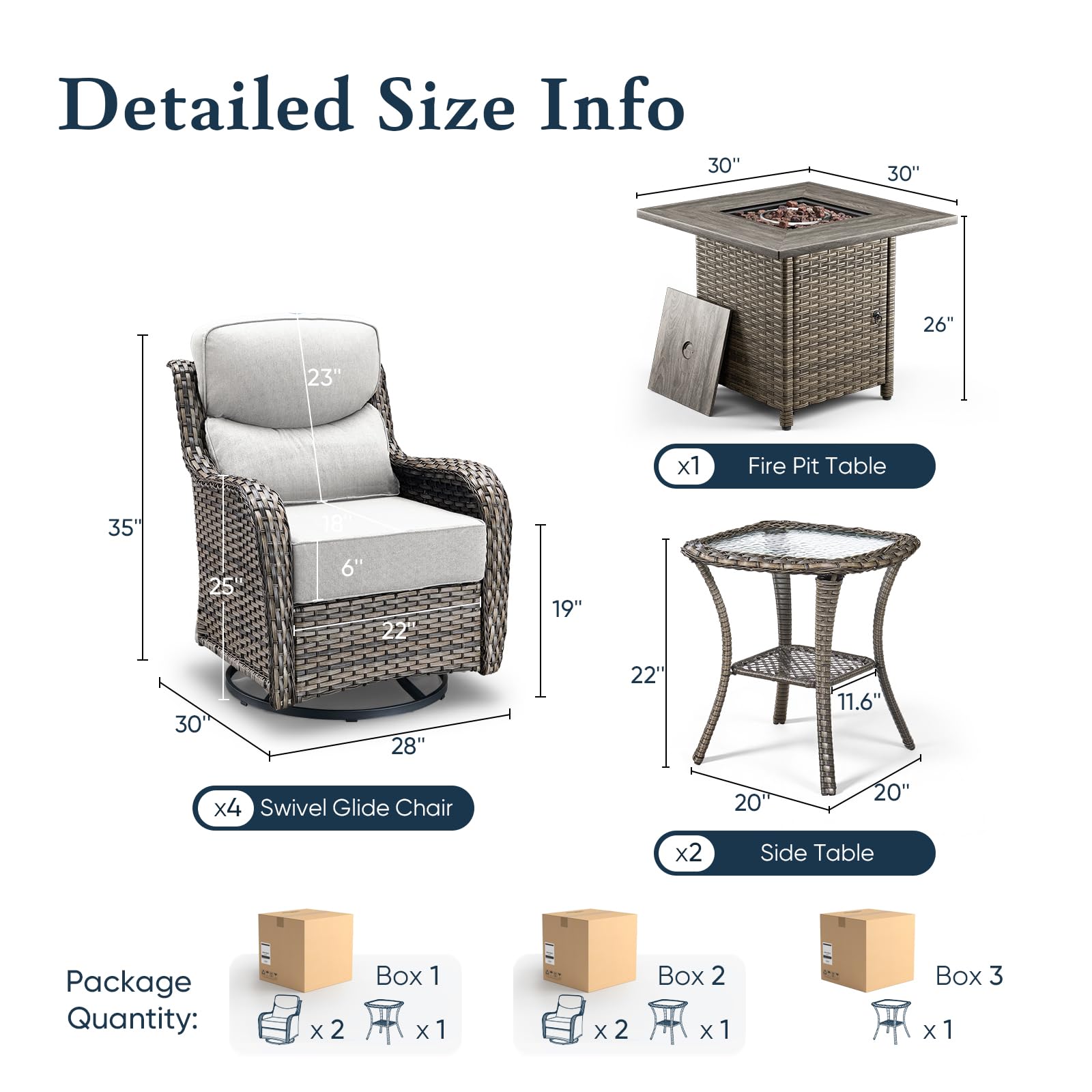 Luxury 6" Thick Cushioned Outdoor Swivel Rocker Chairs Set of 4 with Fire Pit Table, High Back Wicker Patio Furniture Set with Ergonomic Zone Back, Conversation Set for Deck Porch - Grey+Beige