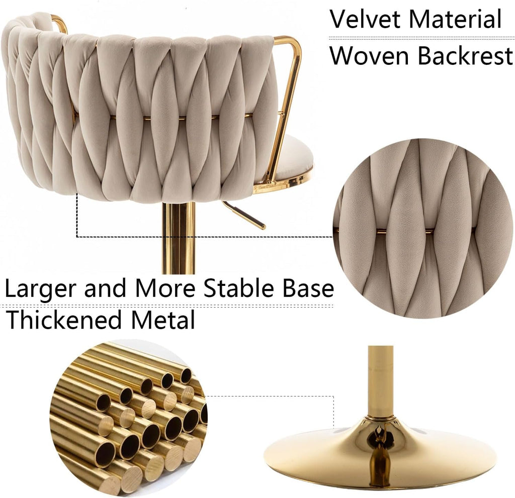 Gold Velvet Bar Stools Set of 3, Swivel Counter Height Bar Stools with Back, Adjustable Woven Barstools for Kitchen Island, Pub, Club (Beige)