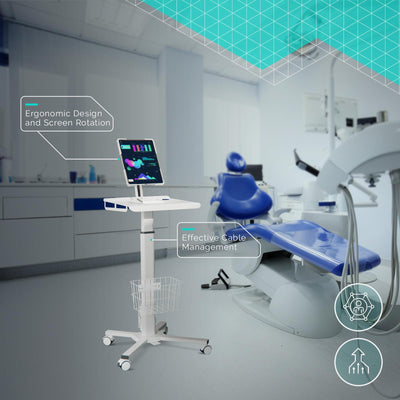 Adjustable Rolling Medical Cart: Pneumatic Mobile Workstation with iPad Enclosure for 9.7-13