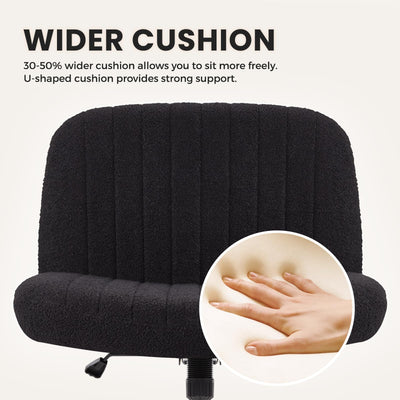 Criss Cross Chair Cross Legged Office Chair with Wheels Armless Wide Seat Desk Chairs Height Adjustable Computer Task Chairs Swivel Vanity Chair for Home Office Bedroom Make Up Teddy Fabric Black
