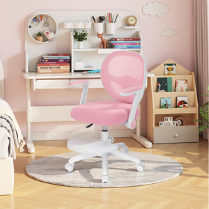 Kids Desk Chair Ergonomic Study Chair with Flipped Armrest and Footrest Adjustable Height Swivel Kids Computer Chair Mesh Desk Chair for Boys Girls Children at Home Bedroom Study Room Pink