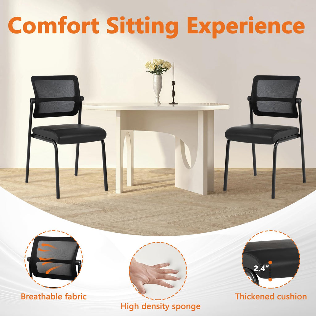12PK Mesh Stacking Office Desk Chairs, Portable Stackable Bulk Waiting Room Armless Chair with Adjustable Back & Leather Seat for Guest Lobby Side School Church Conference Break, Black