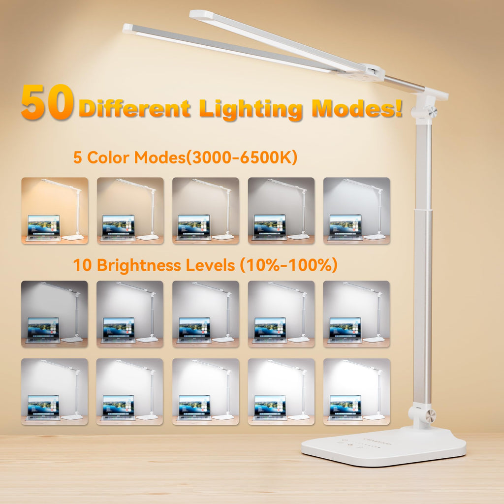 LED Desk Lamp for Office Home, Height Adjustable Architect Desk Light with USB Adapter, Stepless Dimming 50 Lighting Modes, Eye Caring Double Head Computer Desk Lamp for Reading, Study, Workbench