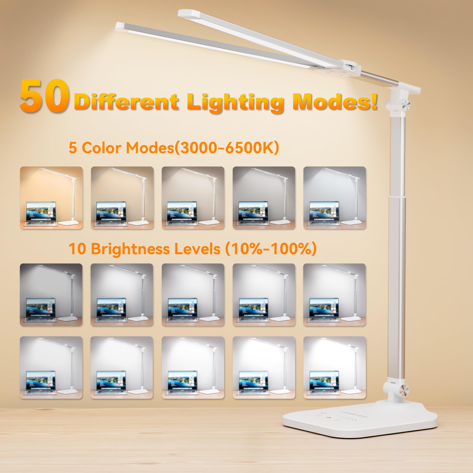 LED Desk Lamp for Office Home, Height Adjustable Architect Desk Light with USB Adapter, Stepless Dimming 50 Lighting Modes, Eye Caring Double Head Computer Desk Lamp for Reading, Study, Workbench