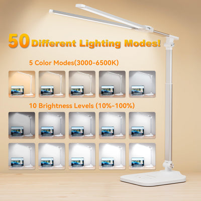 LED Desk Lamp for Office Home, Height Adjustable Architect Desk Light with USB Adapter, Stepless Dimming 50 Lighting Modes, Eye Caring Double Head Computer Desk Lamp for Reading, Study, Workbench