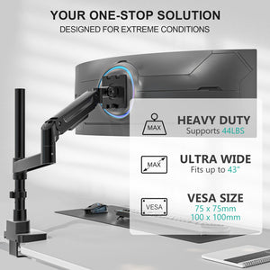 Heavy Duty Monitor Arm Desk Mount for 13-43 Inch Ultrawide Screens, Single Monitor Arm with Full Motion Tilt, Swivel, Rotation, Holds up to 44 lbs, C-Clamp Mount for VESA 75/100mm (GSDM001-P)