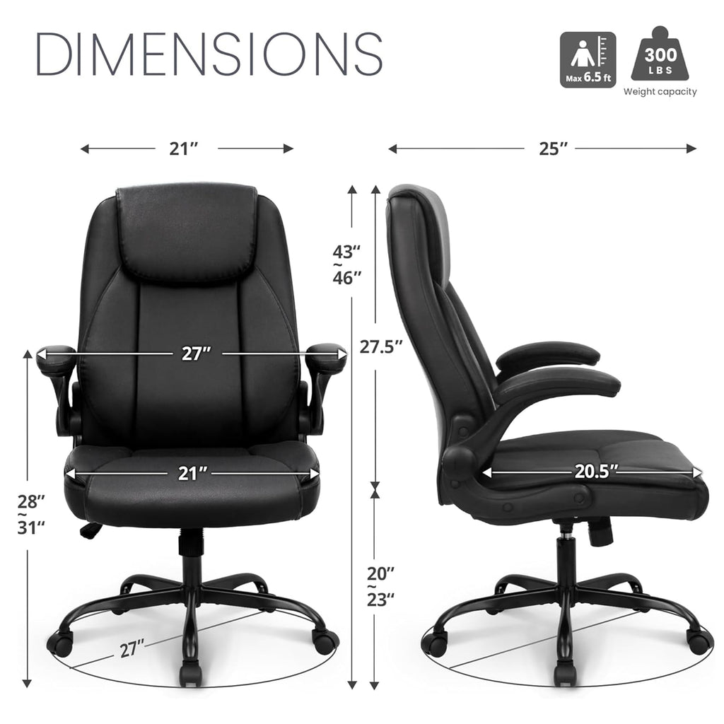 Ergonomic Office Chair Executive Computer Desk Chair Gaming High Back Support Comfy Seat Flip-up Arms Adjustable Height Swivel Rolling Wheels PU Leather for Home (Dark Black)