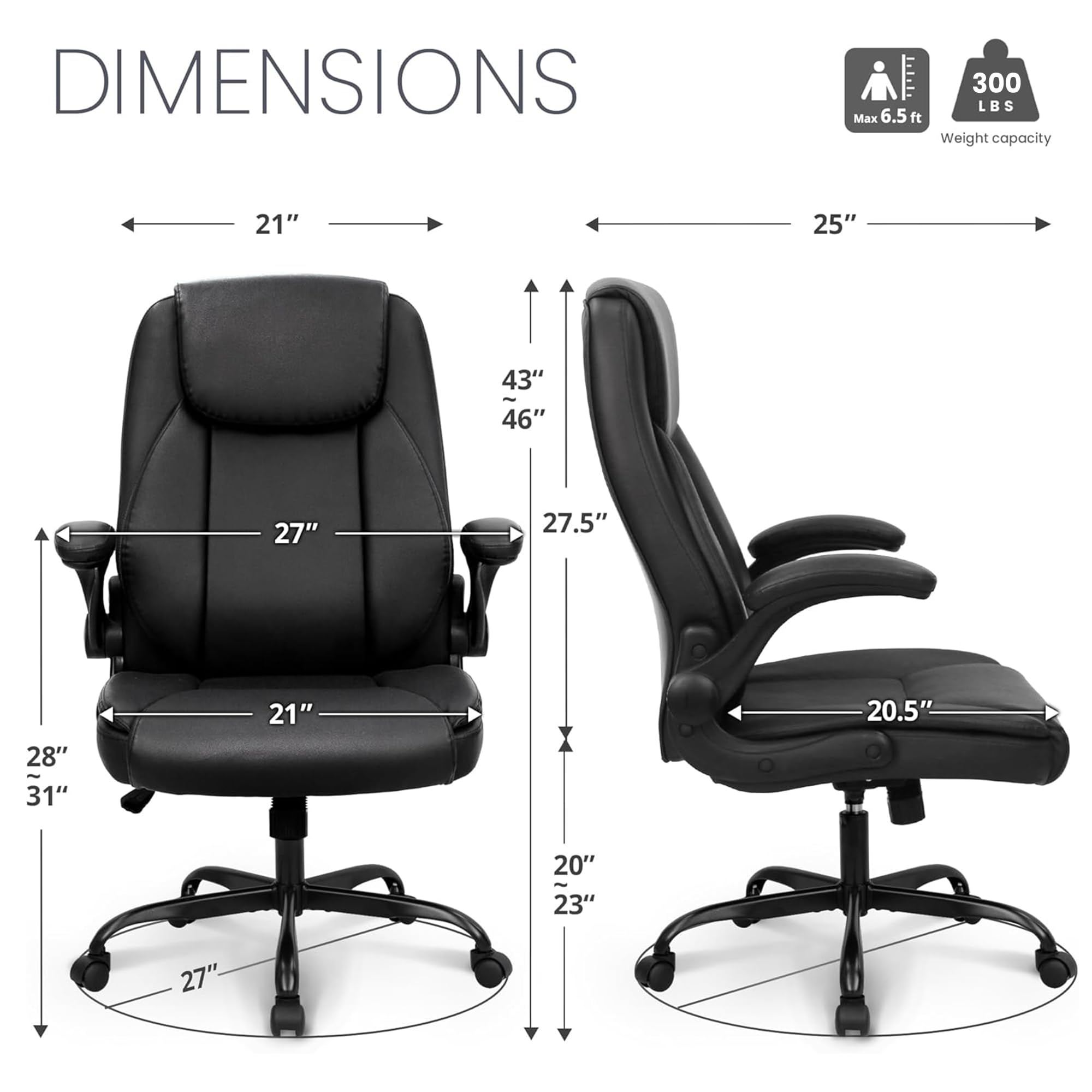 Ergonomic Office Chair Executive Computer Desk Chair Gaming High Back Support Comfy Seat Flip-up Arms Adjustable Height Swivel Rolling Wheels PU Leather for Home (Dark Black)