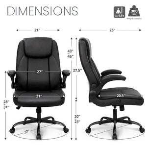 Ergonomic Office Chair Executive Computer Desk Chair Gaming High Back Support Comfy Seat Flip-up Arms Adjustable Height Swivel Rolling Wheels PU Leather for Home (Dark Black)